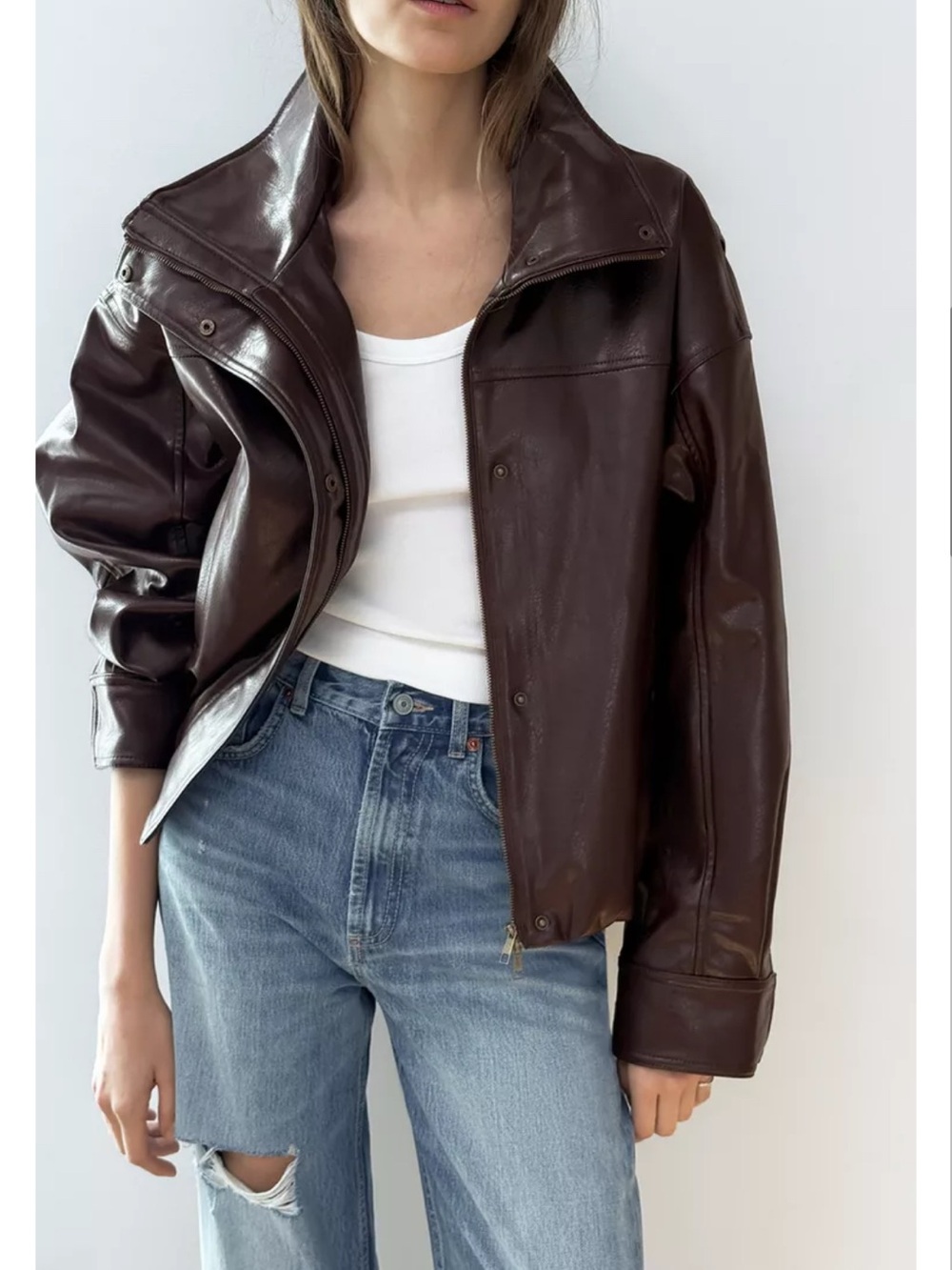 NWT Zara Dark Burgundy Faux Leather Jacket with Stand Collar LARGE 4341/719